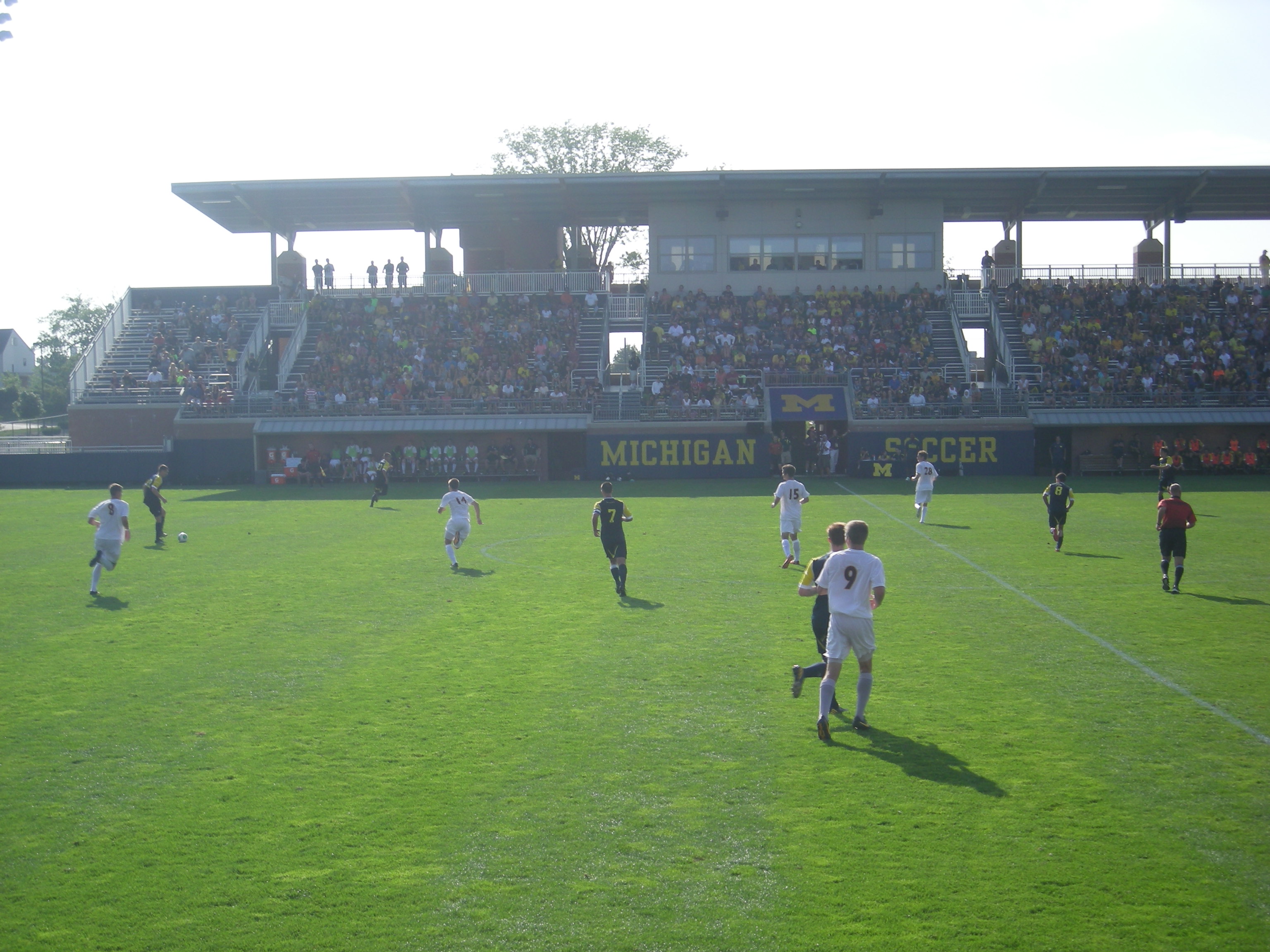 Soccer players on a grass field with a packed grandstand and Michigan Soccer sign behind them.