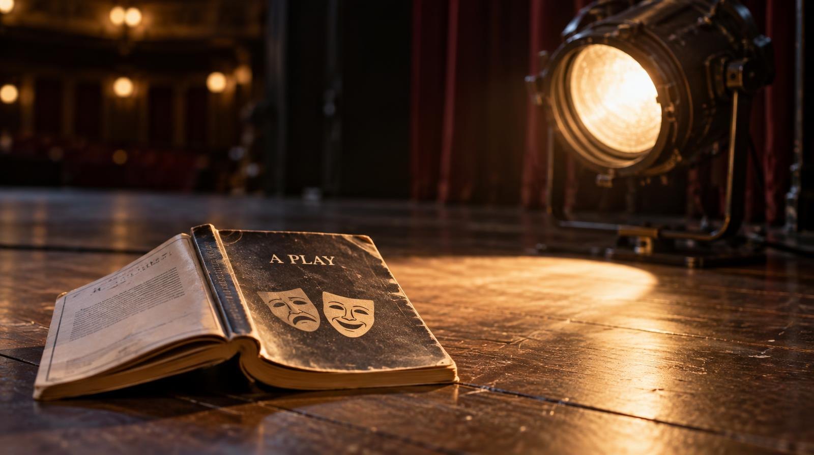 Open Shakespeare script on a wooden stage floor under a spotlight.