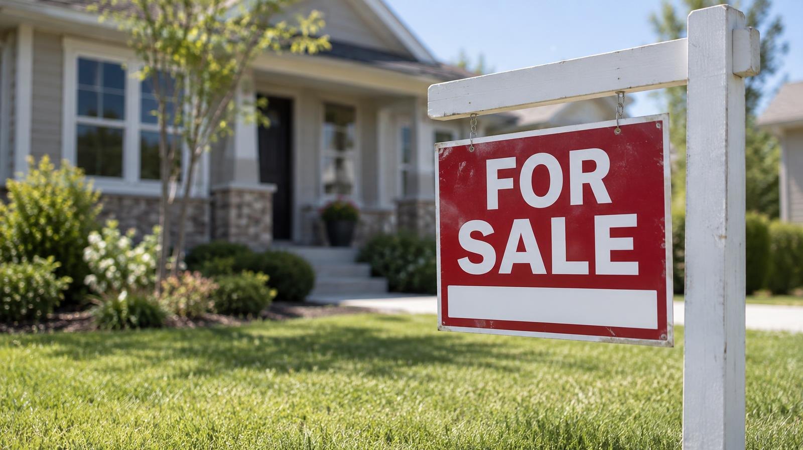 A real estate for-sale sign in a trimmed front lawn outside a suburban home.
