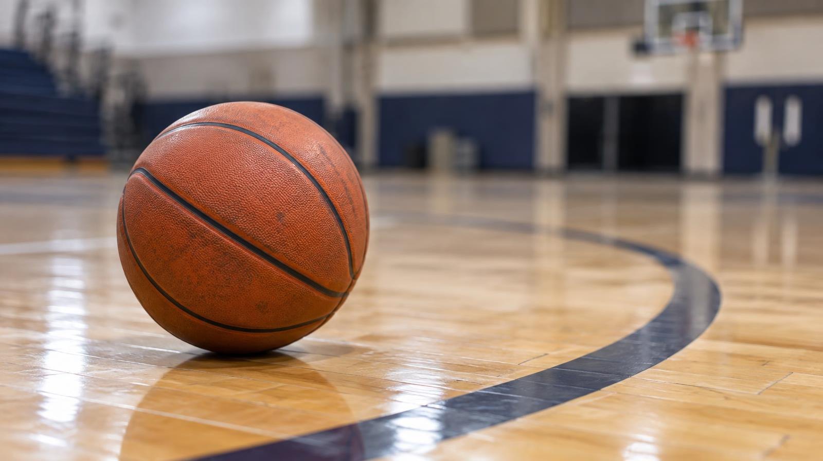 A basketball resting on a hardwood gym floor near the three-point arc.