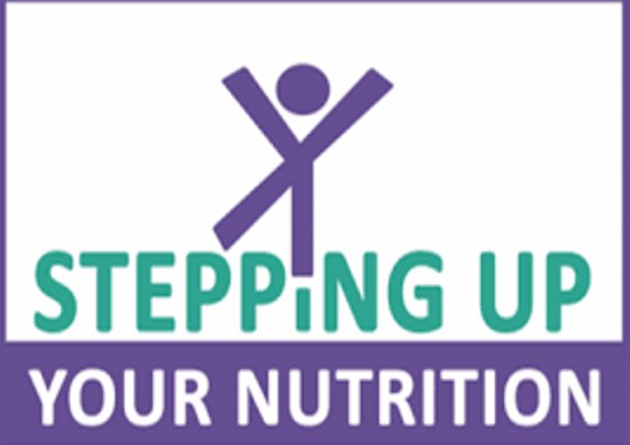 Purple and teal logo for the Stepping Up Your Nutrition program with a stylized figure.
