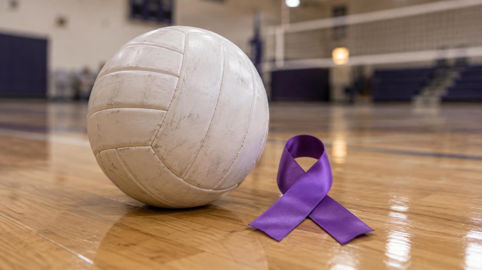 White volleyball resting on hardwood floor beside a purple ribbon.