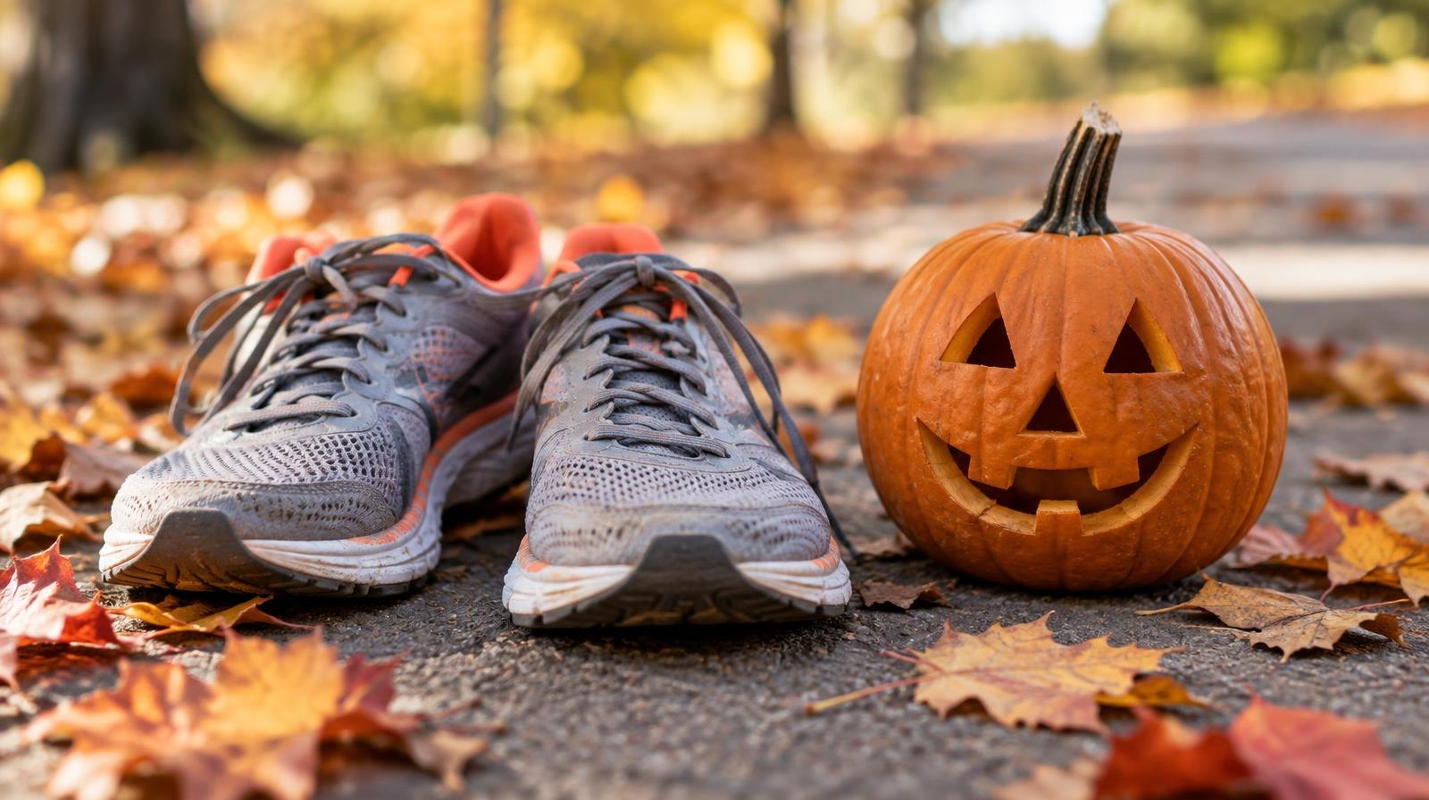 A pair of running shoes on pavement next to a small carved pumpkin surrounded by autumn leaves.