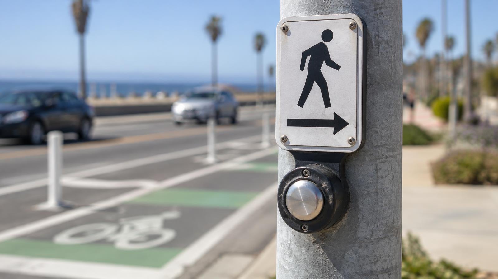 Pedestrian push-button signal post at a crosswalk with painted bike lane buffers on a highway.
