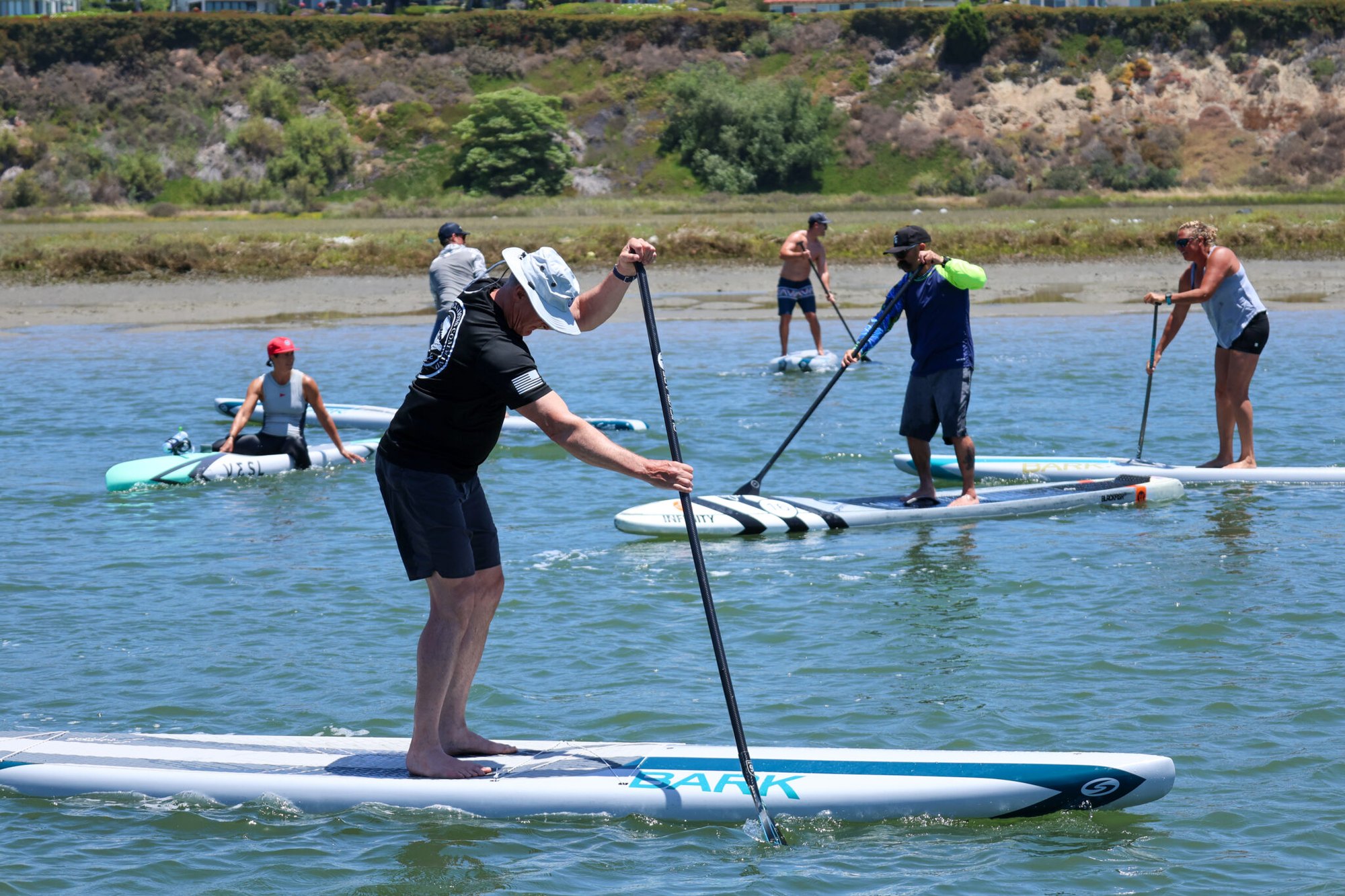 Several people stand-up paddleboarding on calm bay water with a grassy shoreline in the background.