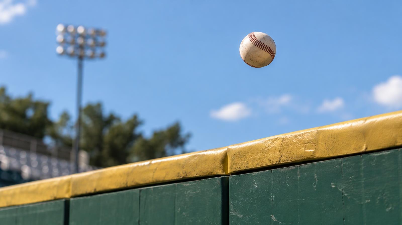 A baseball flying over a green outfield wall against a clear blue sky.