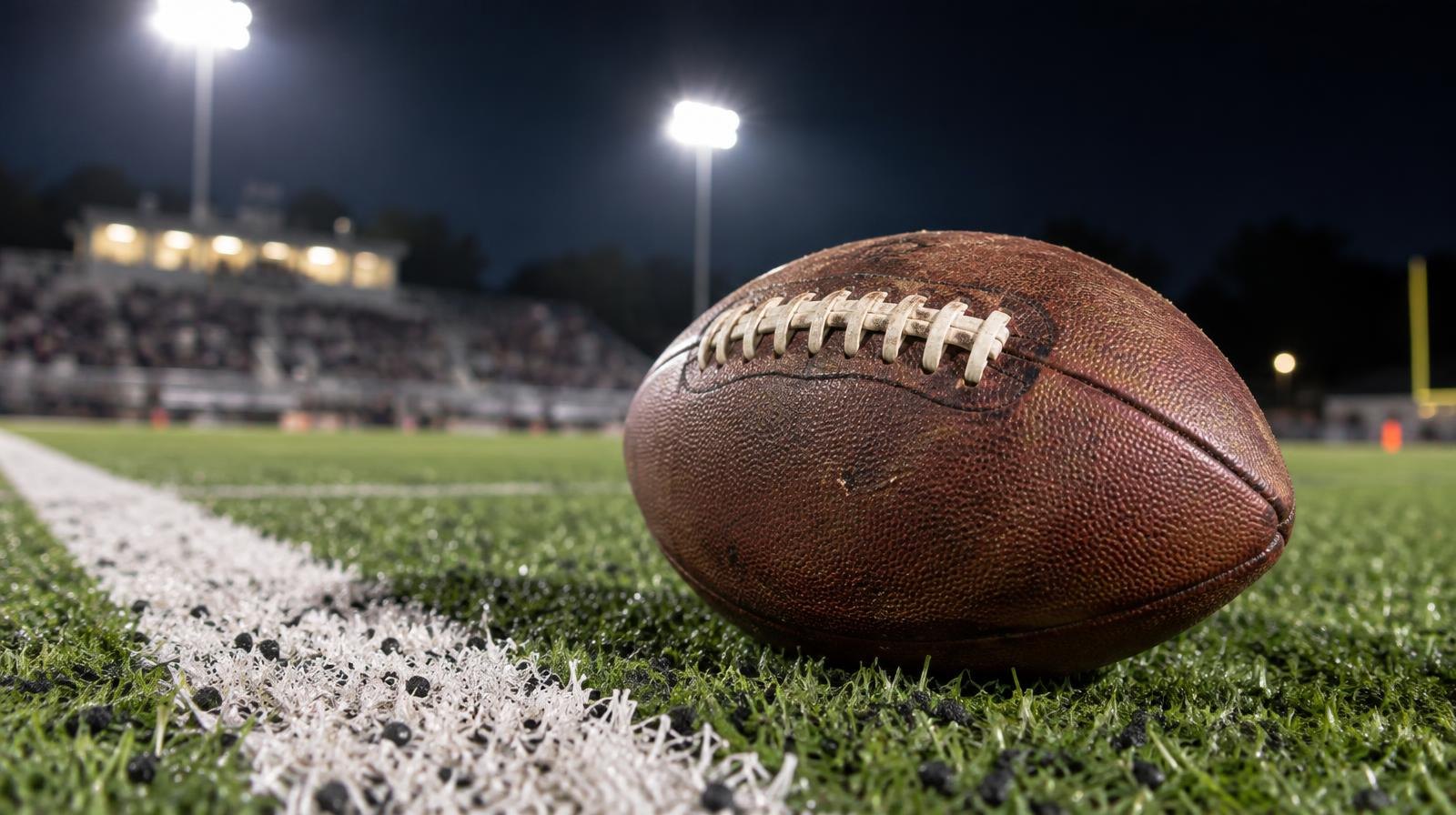 A brown football resting on green turf beside a white yard line under bright stadium lights.
