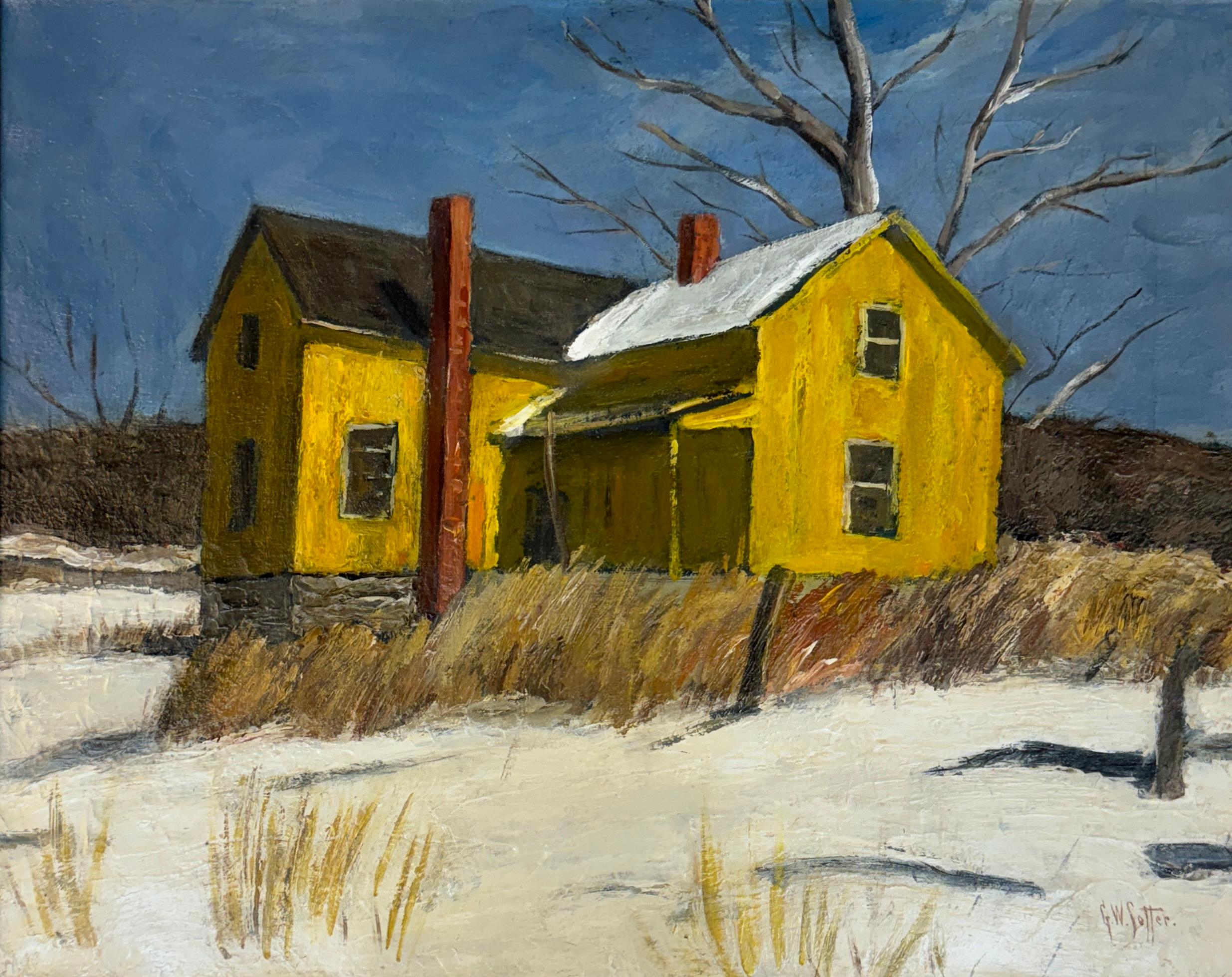 Oil painting of a yellow farmhouse surrounded by snow and bare winter trees.