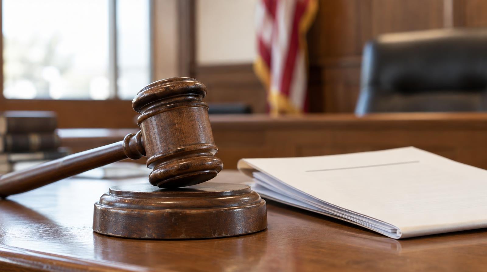 A wooden gavel resting on its sound block on a desk.