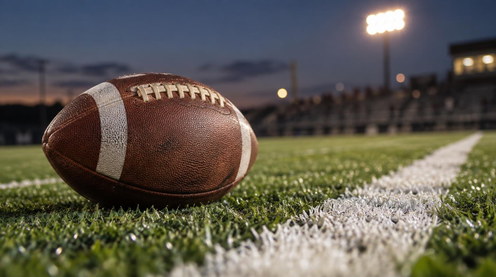 An American football on green artificial turf beside a white yard-line marking.