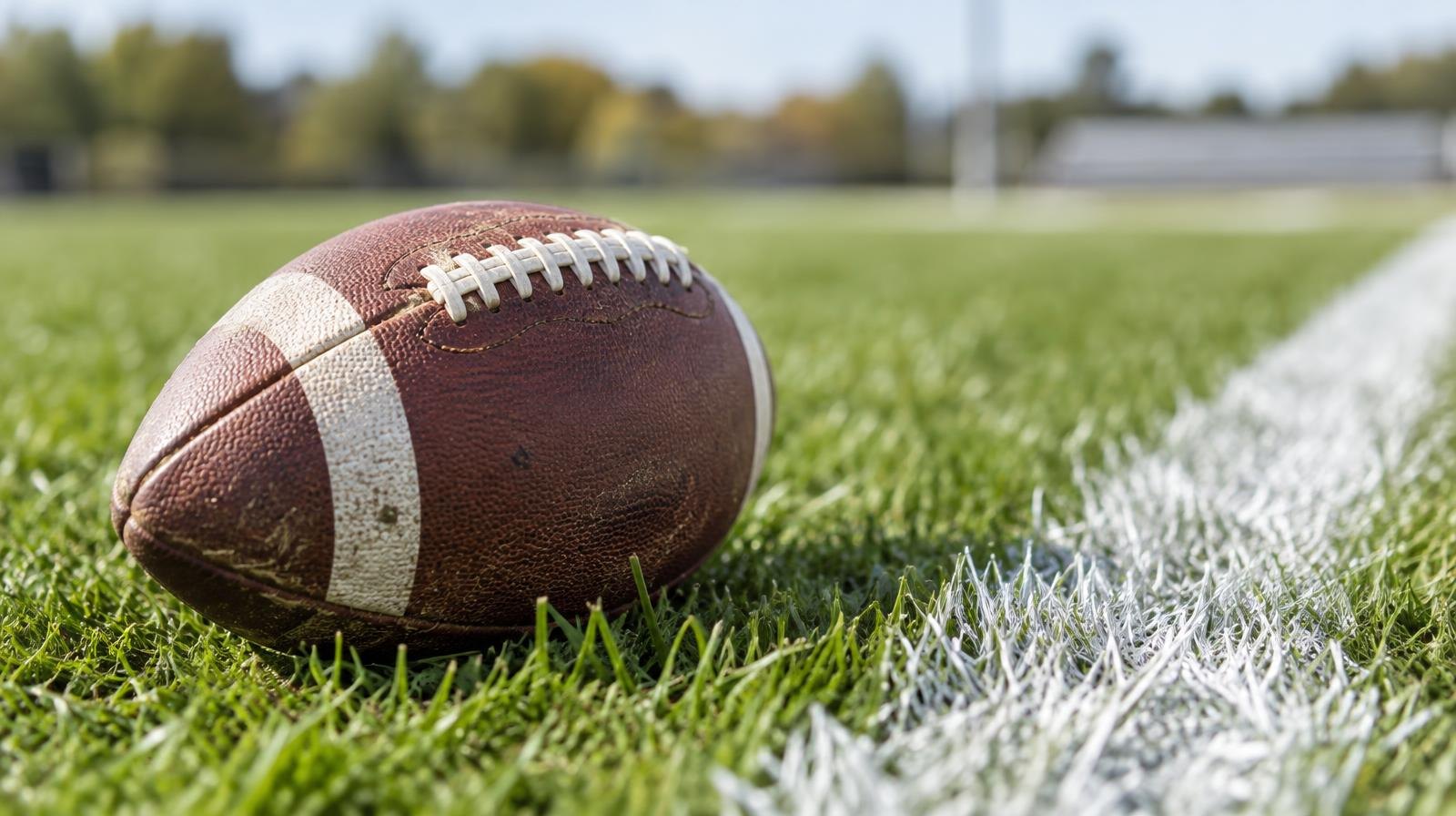 An American football resting on green grass beside a white painted yard line.