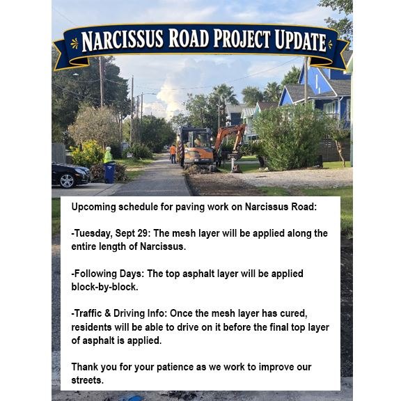 City project update flyer for Narcissus Road showing a construction photo and paving schedule text.