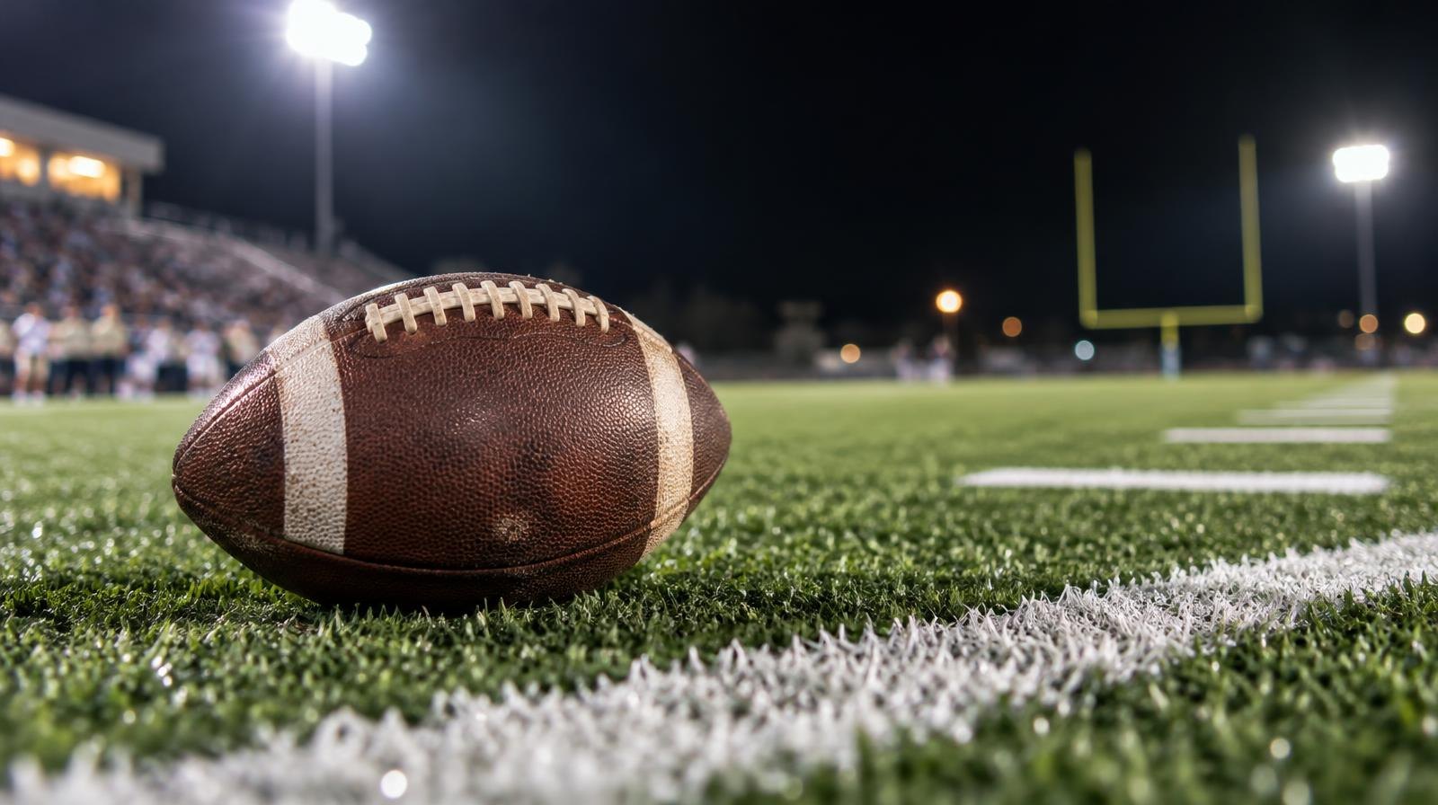 An American football on green artificial turf beside a white yard line under bright stadium lights.