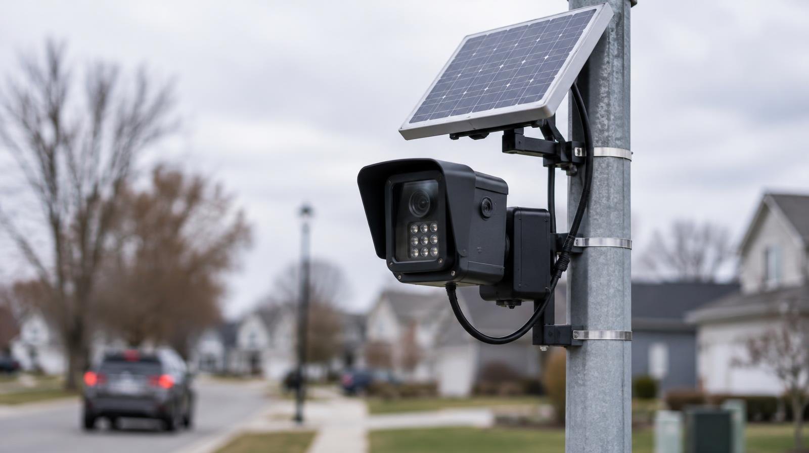 A solar-powered automated license plate reader camera on a metal pole beside a road.