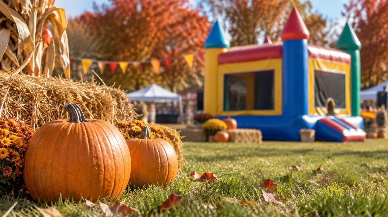 Bounce house, hay bales, and pumpkins on green grass in autumn.