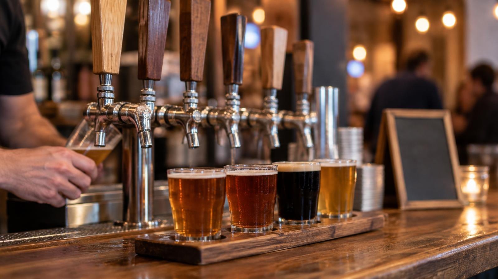 Rows of craft beer tap handles with small sample glasses on a wooden bar.