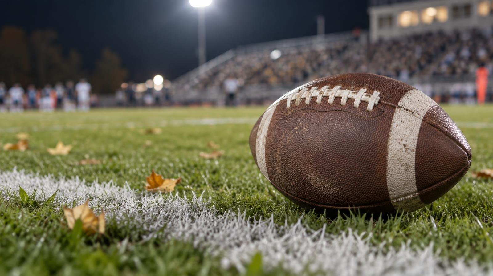 An American football resting on a grass field beside a white yard line under stadium lights.