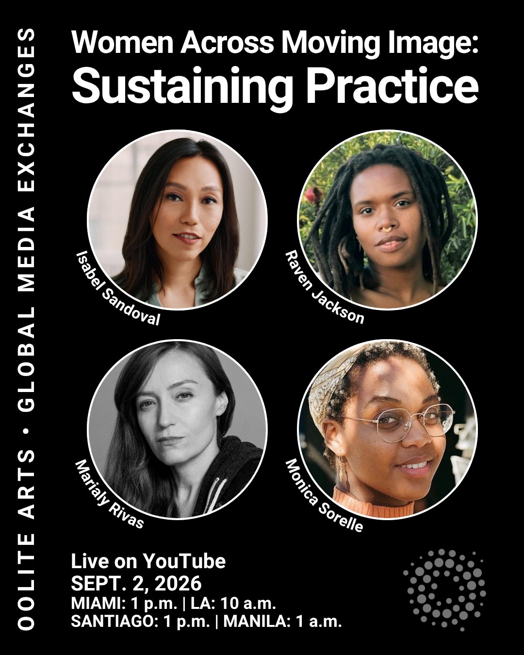 Event flyer showing four circular portrait photos of the panel's filmmakers on a black background.
