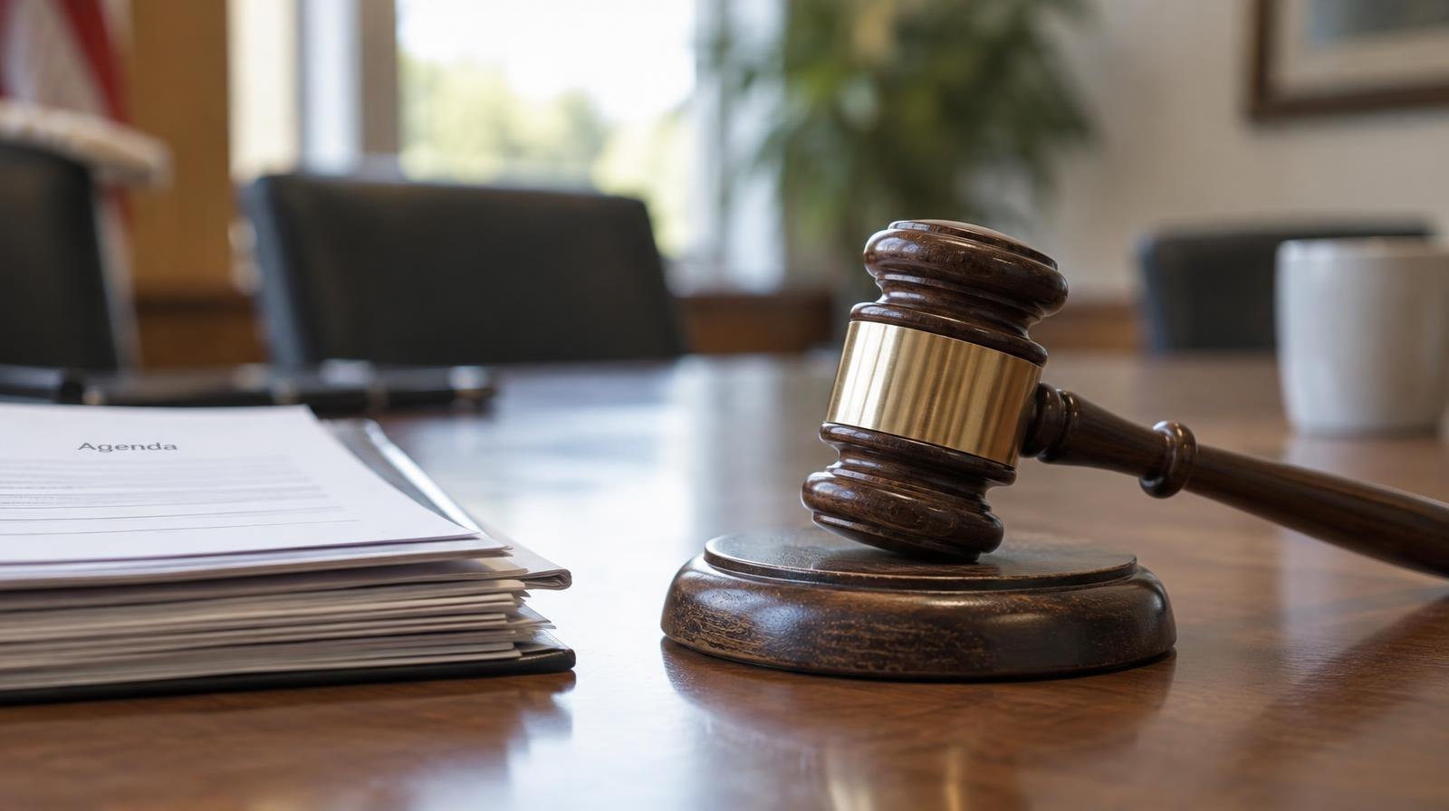 Wooden gavel on its sound block beside stacked papers on a conference table.