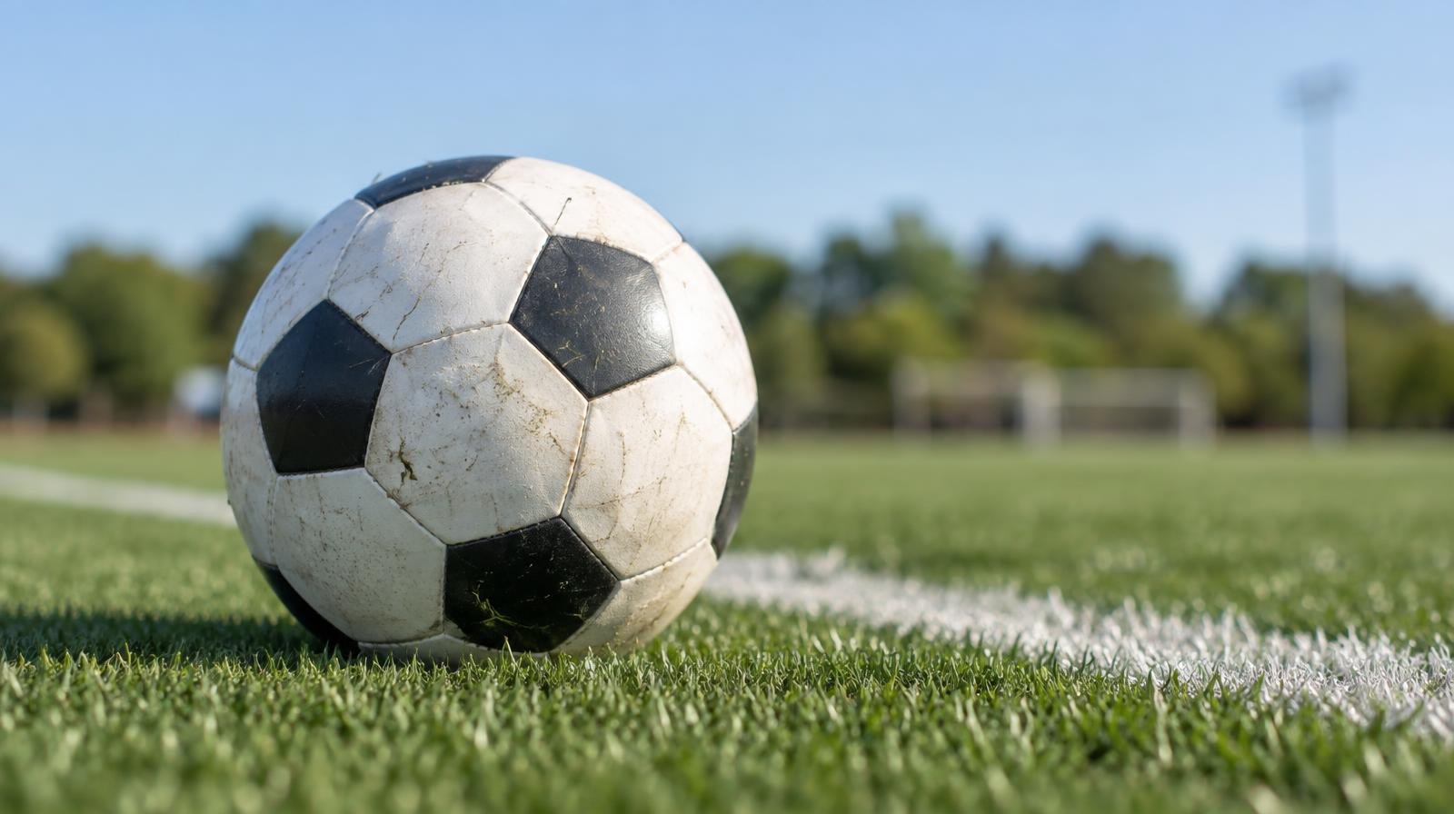A white soccer ball on a green grass field near a white sideline.