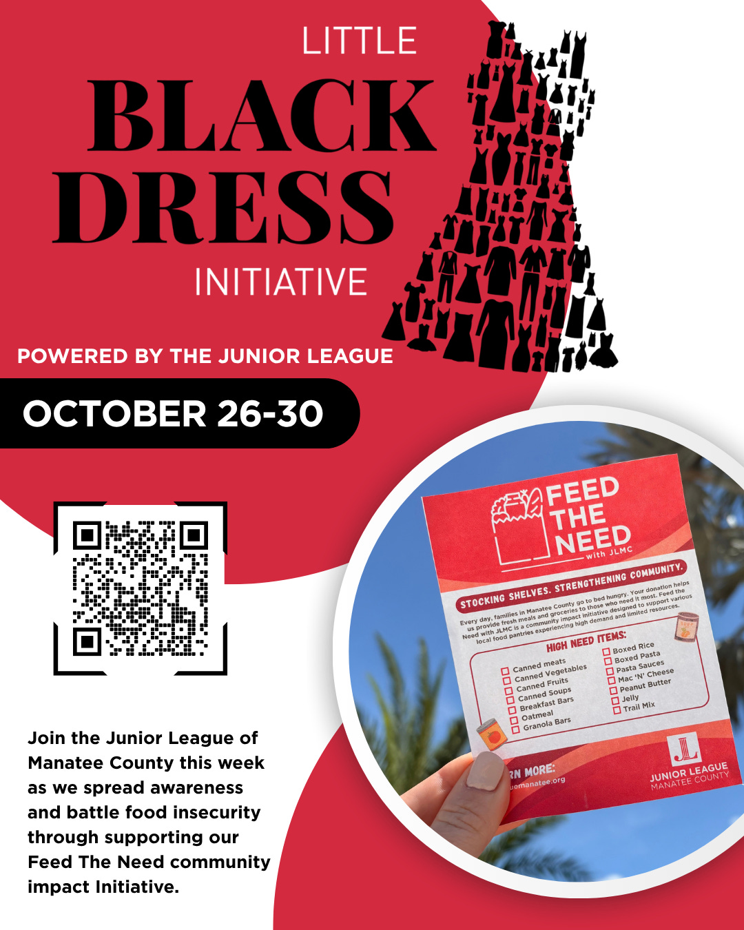 Red, black and white Little Black Dress Initiative flyer promoting the Junior League of Manatee County’s Oct. 26-30 campaign and Feed The Need program.