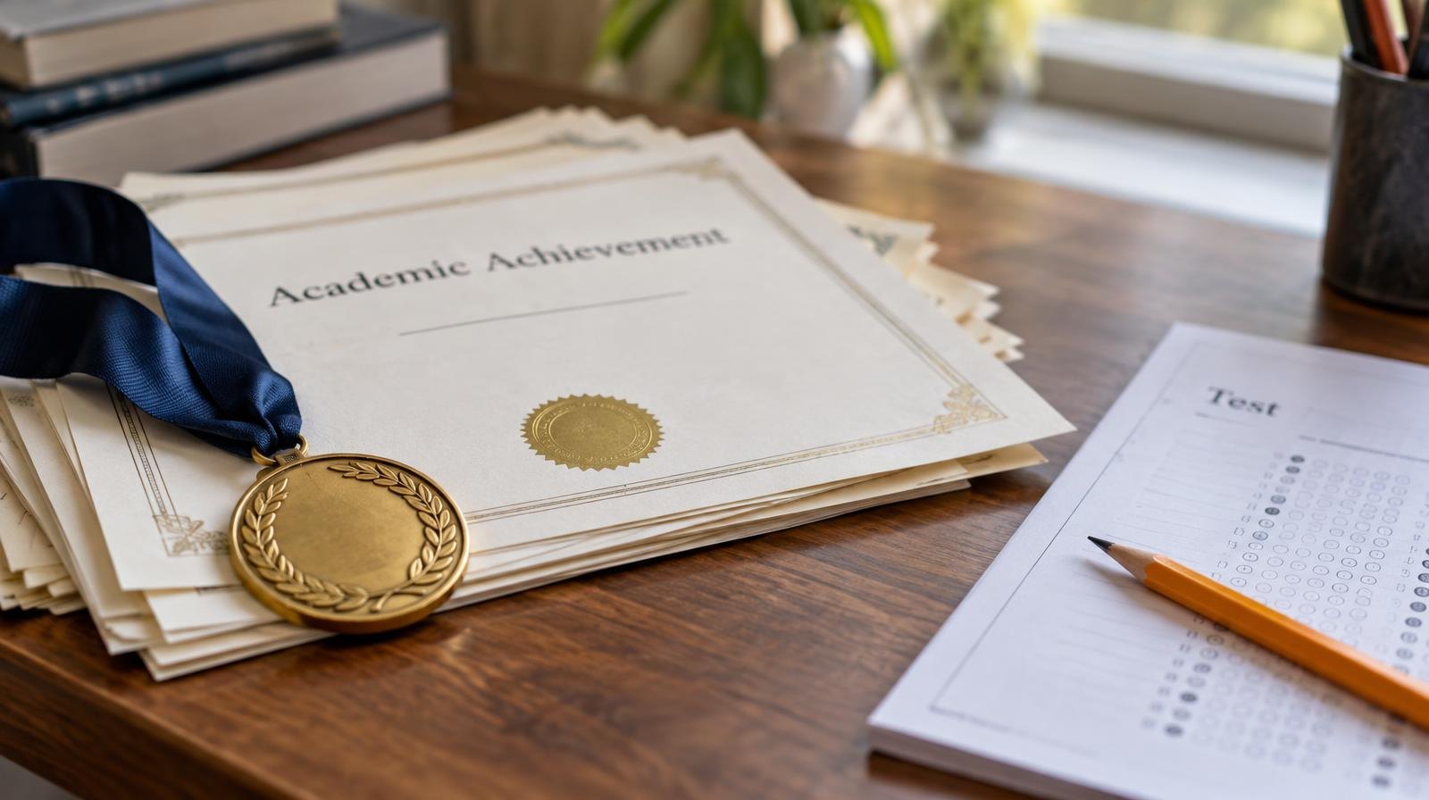 Stack of certificates and a gold medallion on a wooden desk beside a pencil.