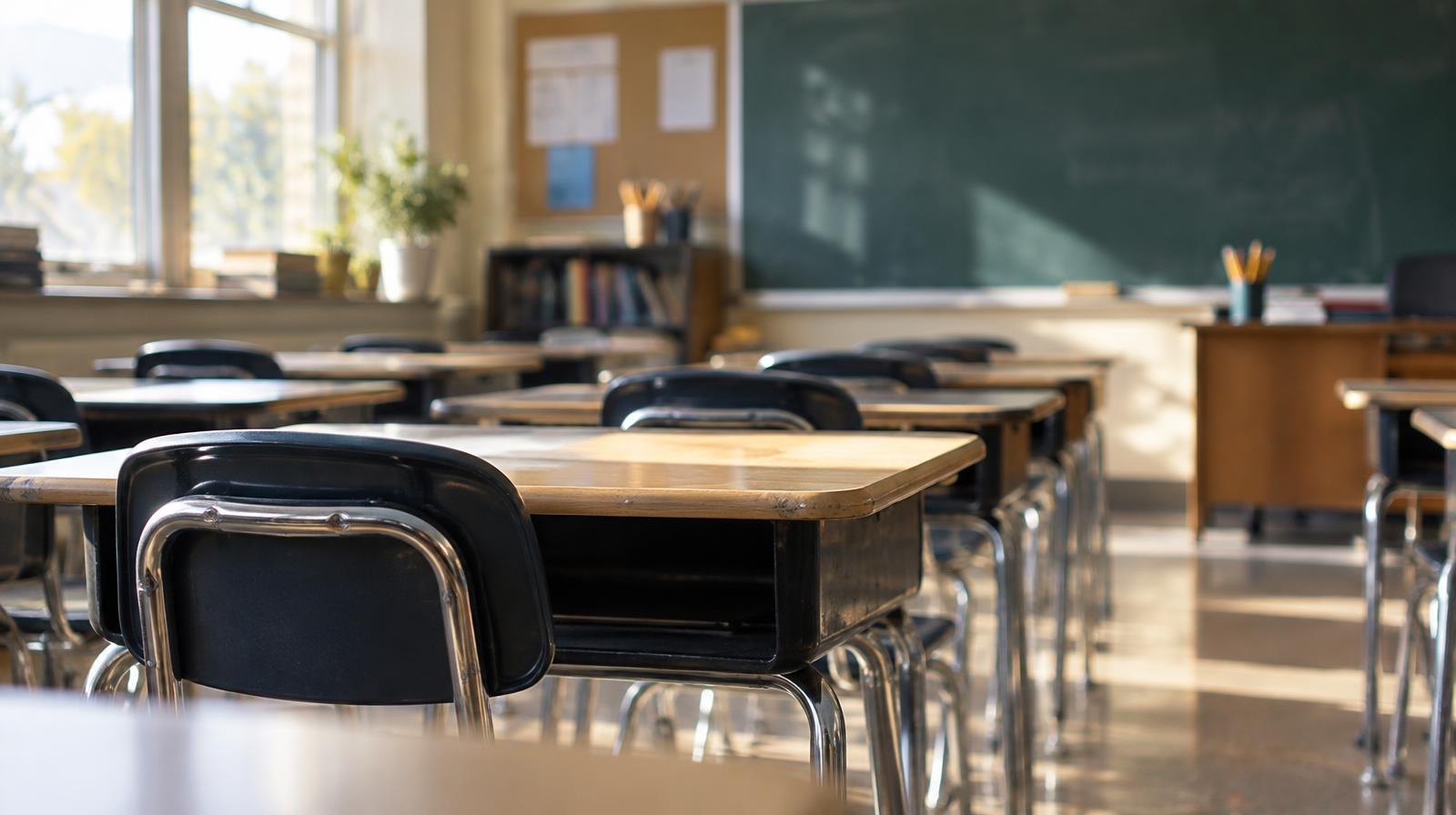 Rows of empty wooden student desks in a bright school classroom.
