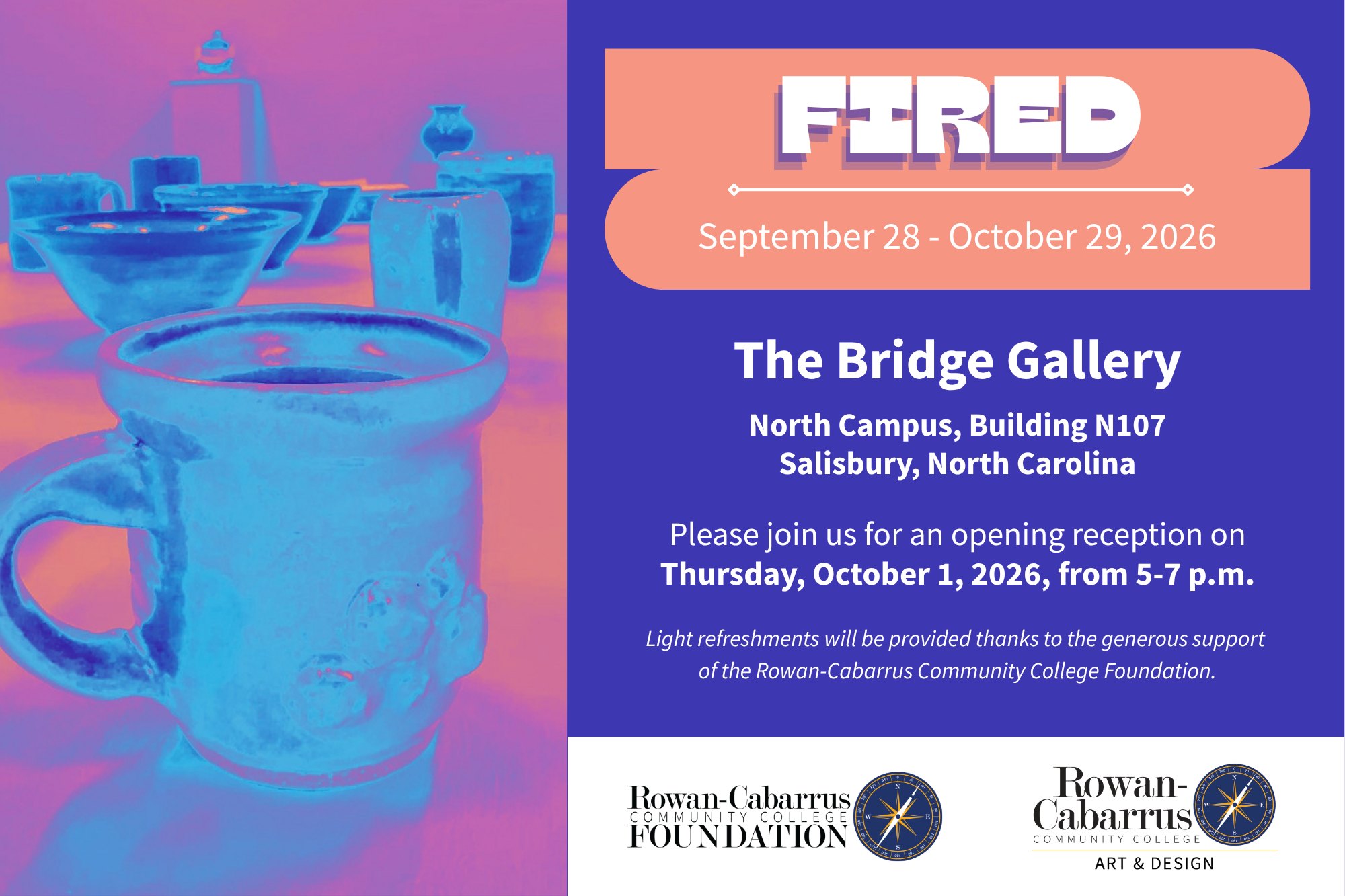 Event flyer for a ceramics exhibition featuring blue-toned ceramic vessels.