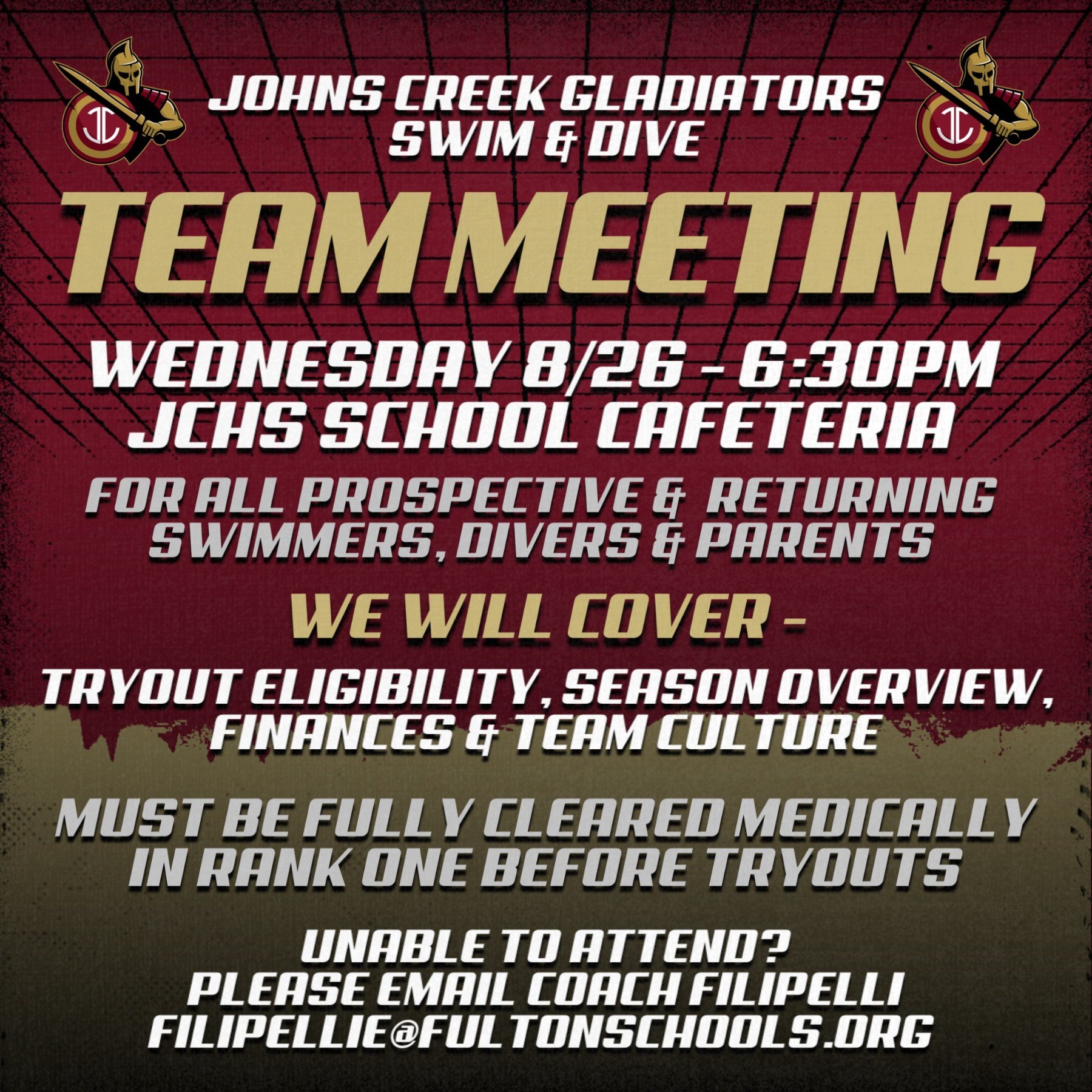 Flyer announcing a swim and dive team informational meeting with date, time, and location details.