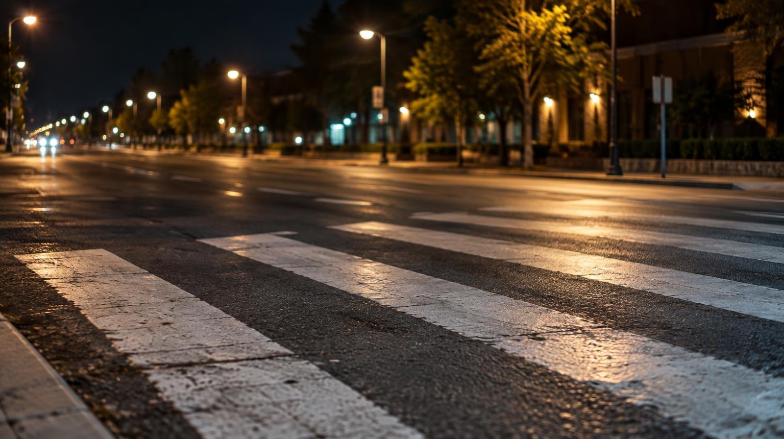 Empty painted crosswalk on a multi-lane road lit by streetlights at night.