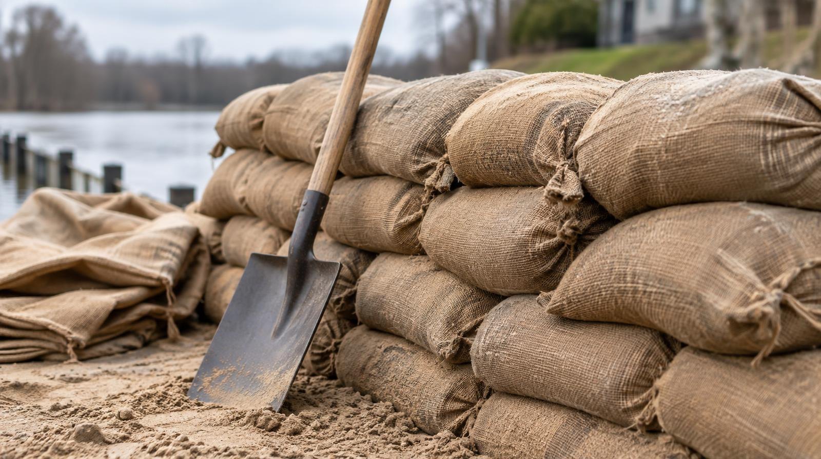 Stack of filled burlap sandbags with a shovel leaning against them.