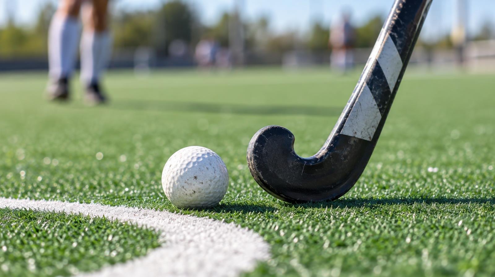 A field hockey stick and ball resting on green artificial turf near a white painted circle.