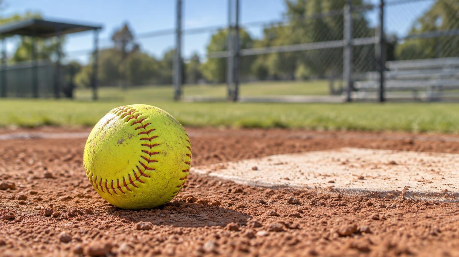 A softball resting on red infield dirt near home plate with a chain-link backstop behind it.