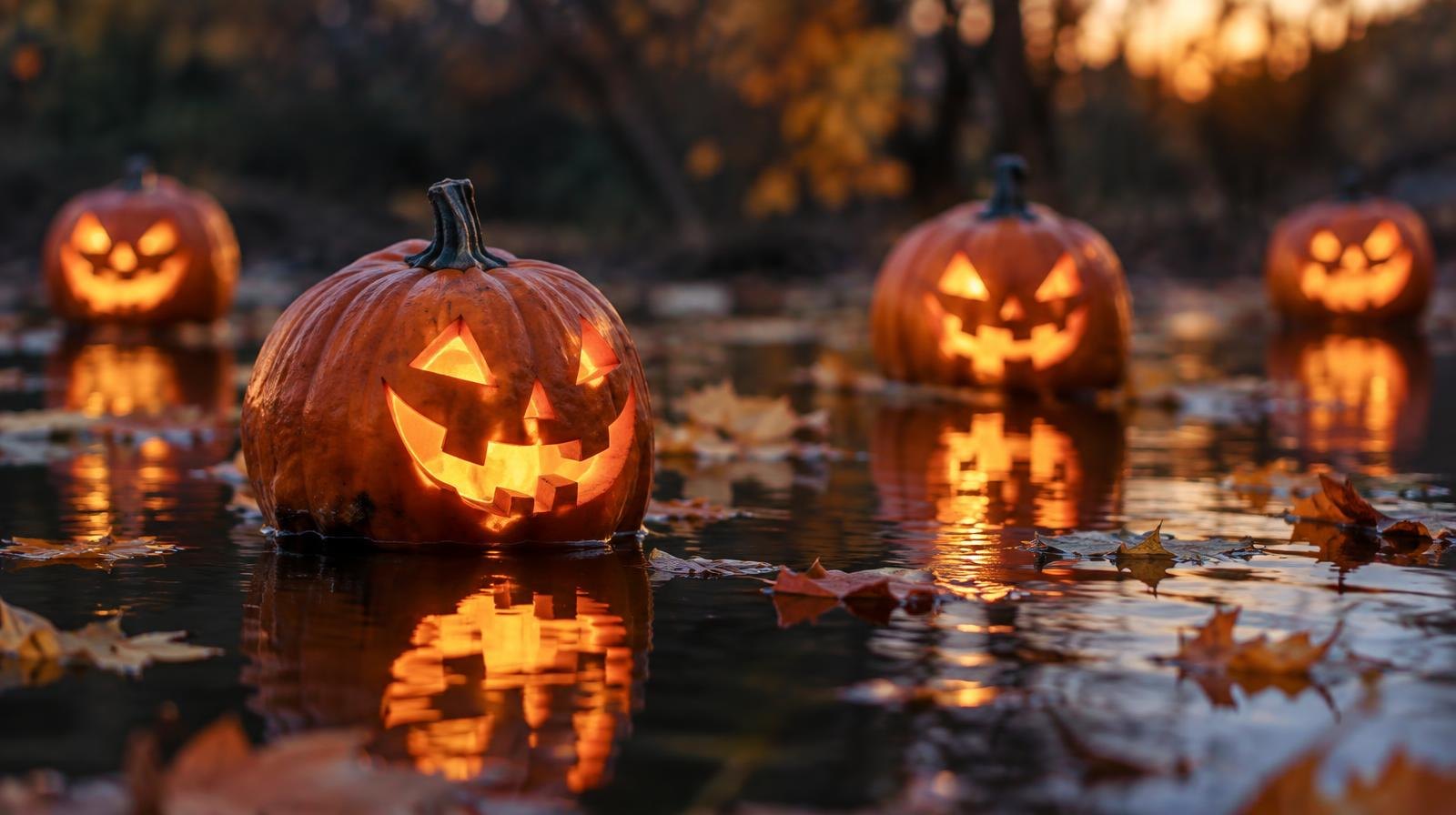 Glowing carved pumpkins floating on a dark reflective pond at dusk.