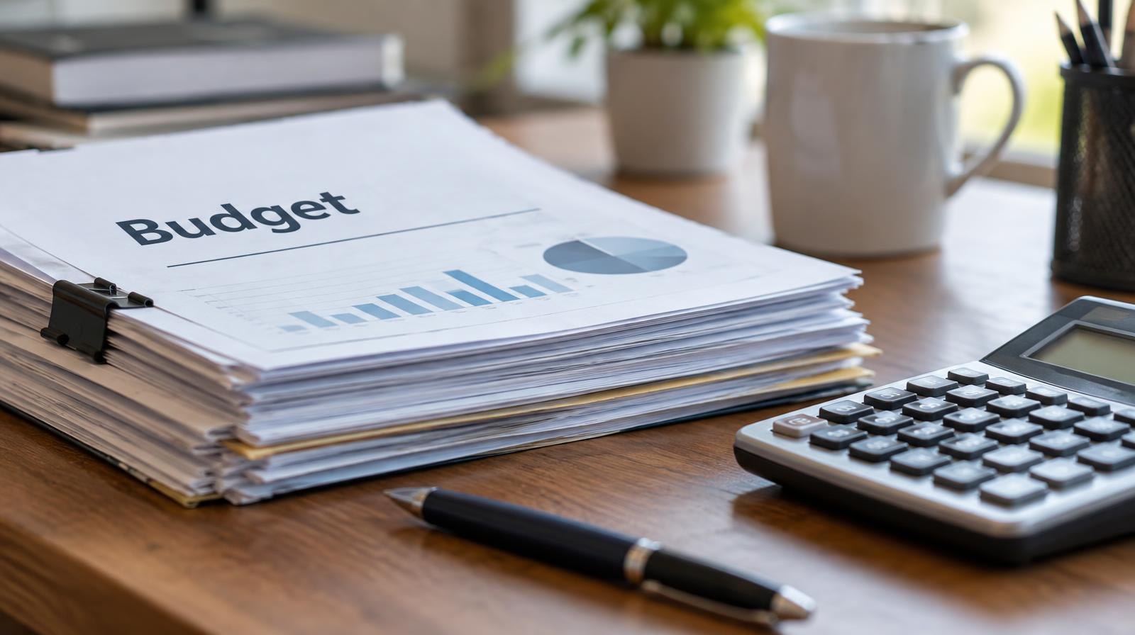 Stack of documents beside a calculator and pen on a desk.