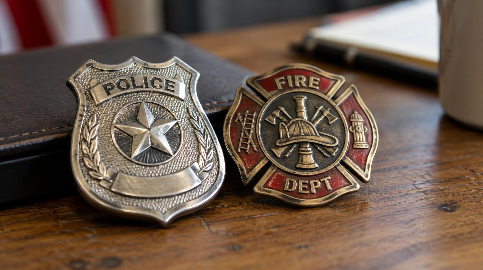 A police badge and a firefighter badge resting side by side on a wooden surface.