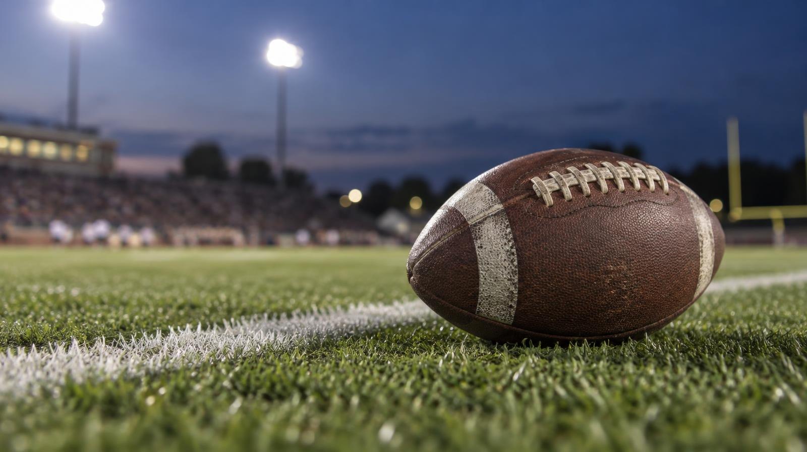 An American football resting on green grass beside a white yard line.