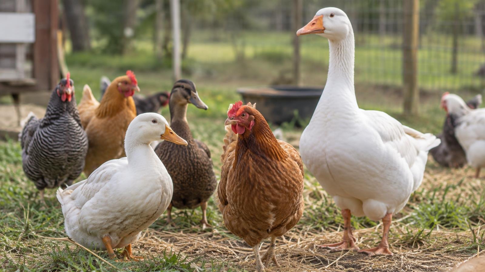 Ducks, chickens, and geese standing together in a straw-covered outdoor pen.