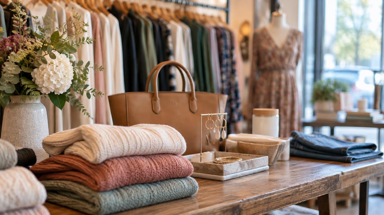Folded sweaters, hanging clothes on a rack, and handbags arranged on a wooden table in a boutique.