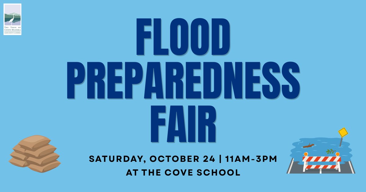 Promotional flyer for a flood preparedness fair showing sandbag and flooded road graphics.