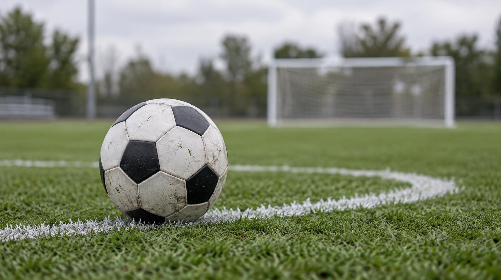 Black-and-white soccer ball on a green grass field with a goal net in the background.