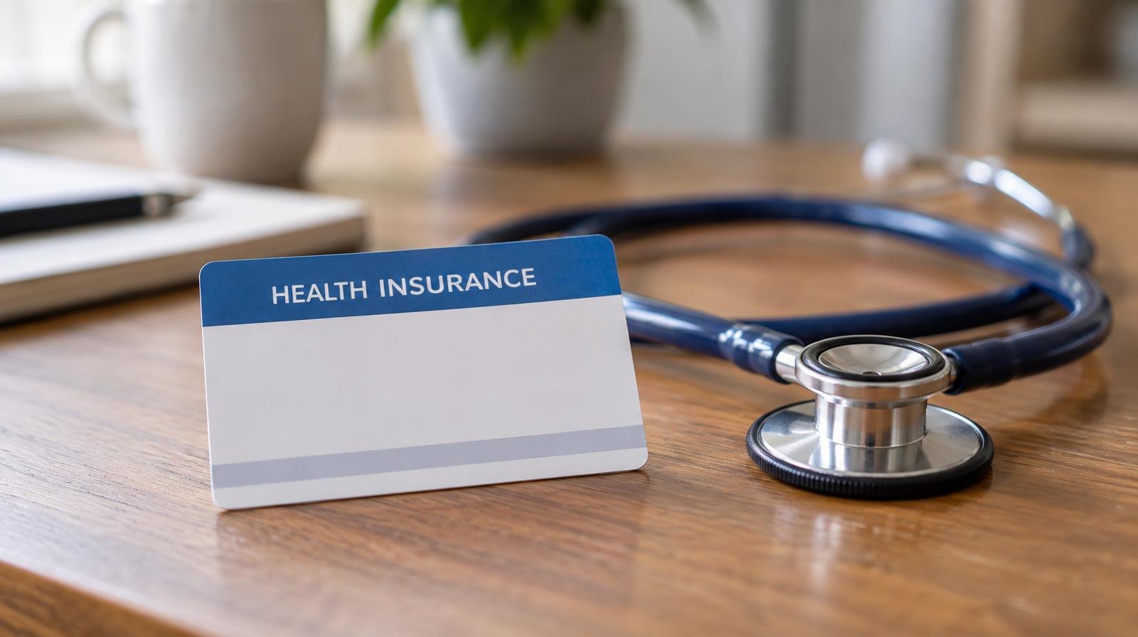 A health insurance card and stethoscope resting on a wooden table.