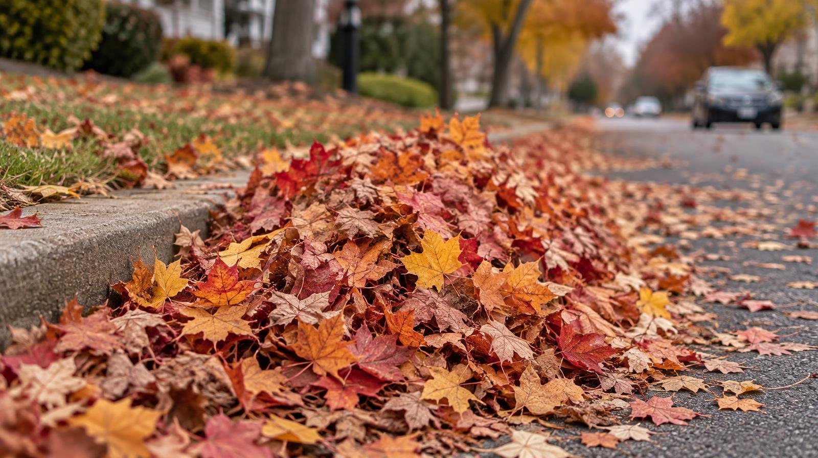 A large pile of colorful autumn leaves raked neatly against a curb.
