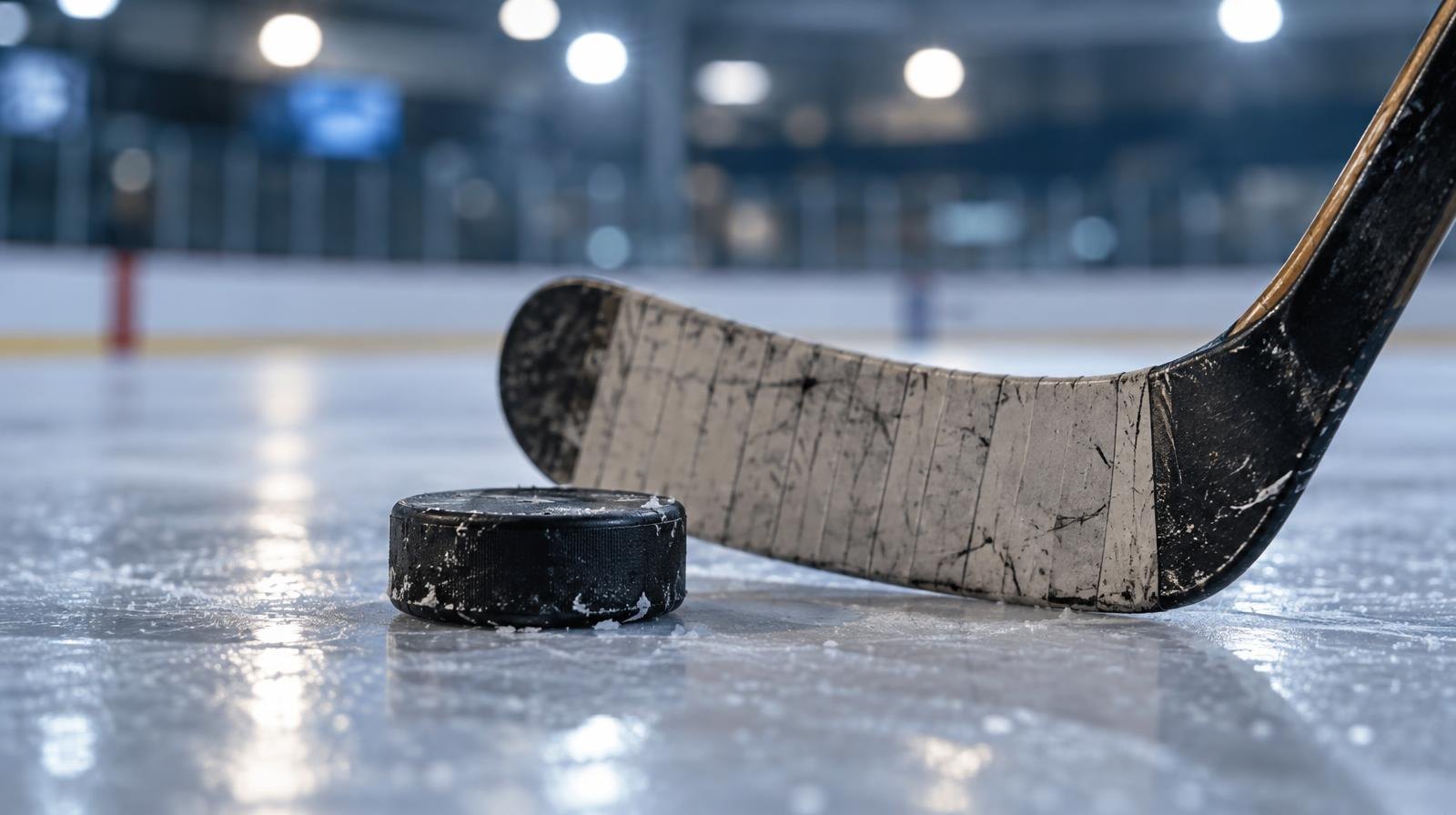 A hockey puck and wooden stick blade resting on a reflective ice surface.