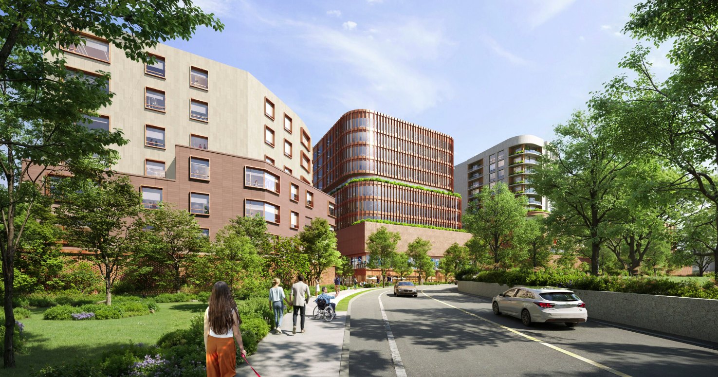 Architectural rendering of multi-story brick residential and commercial buildings along a tree-lined street.
