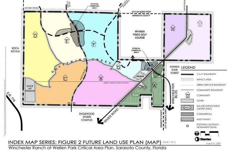 Color-coded future land use plan map for Winchester Ranch at Wellen Park in Sarasota County.