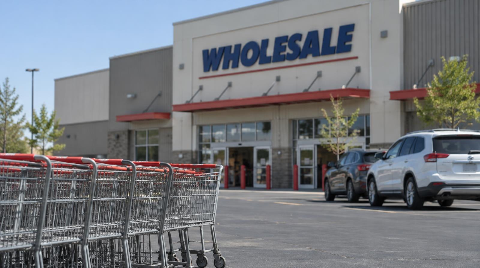 Large warehouse-style retail building with a wide parking lot under a clear sky.