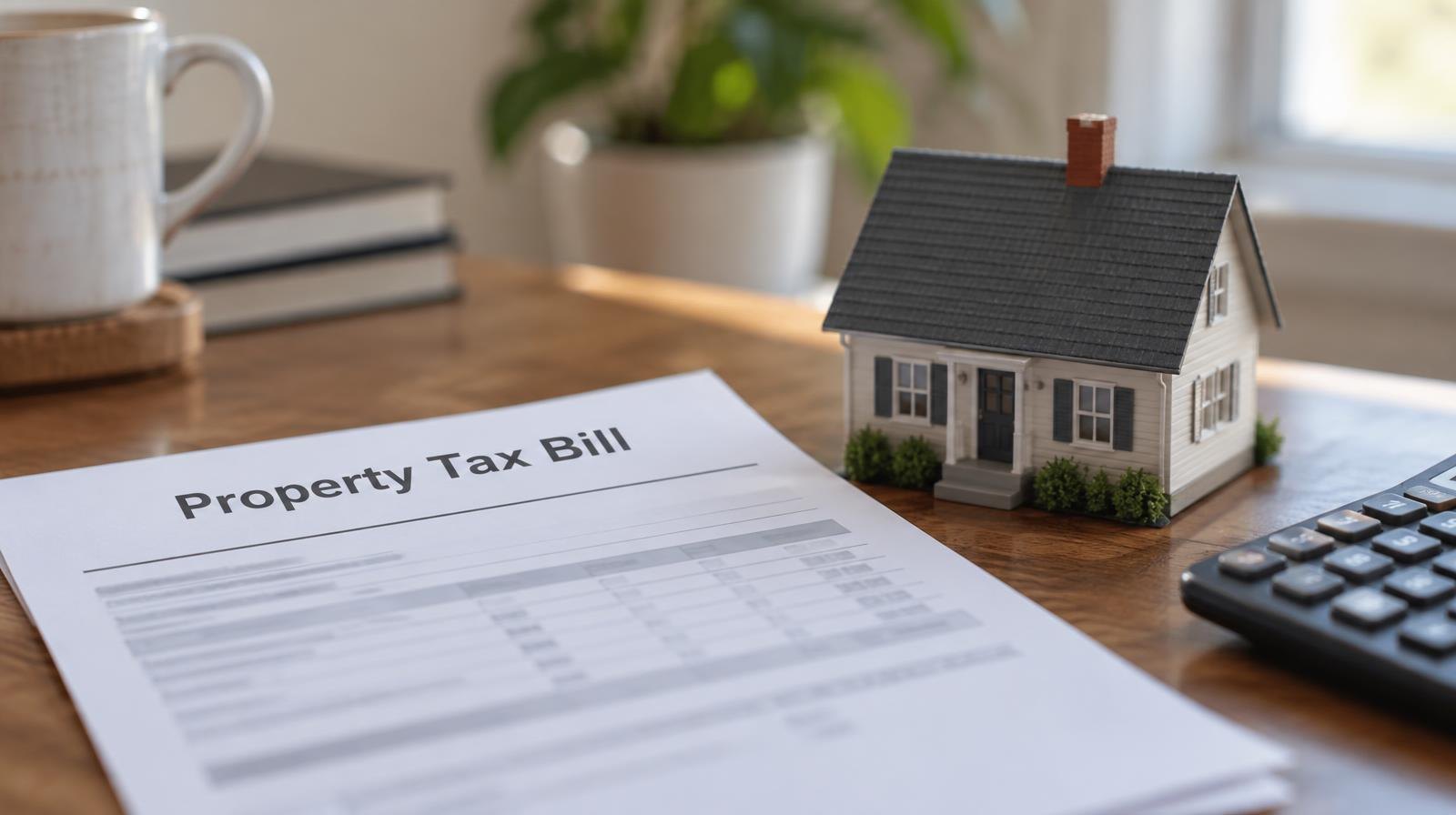 Small model house next to a property tax document on a wooden desk.
