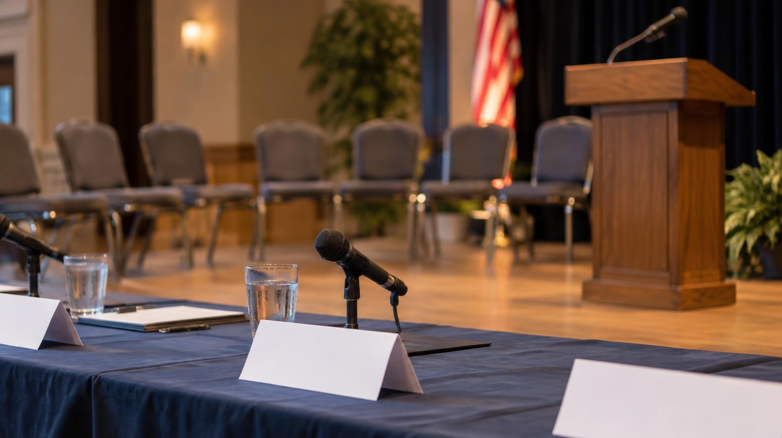 Empty chairs in an arc facing a podium with name placards on a table.