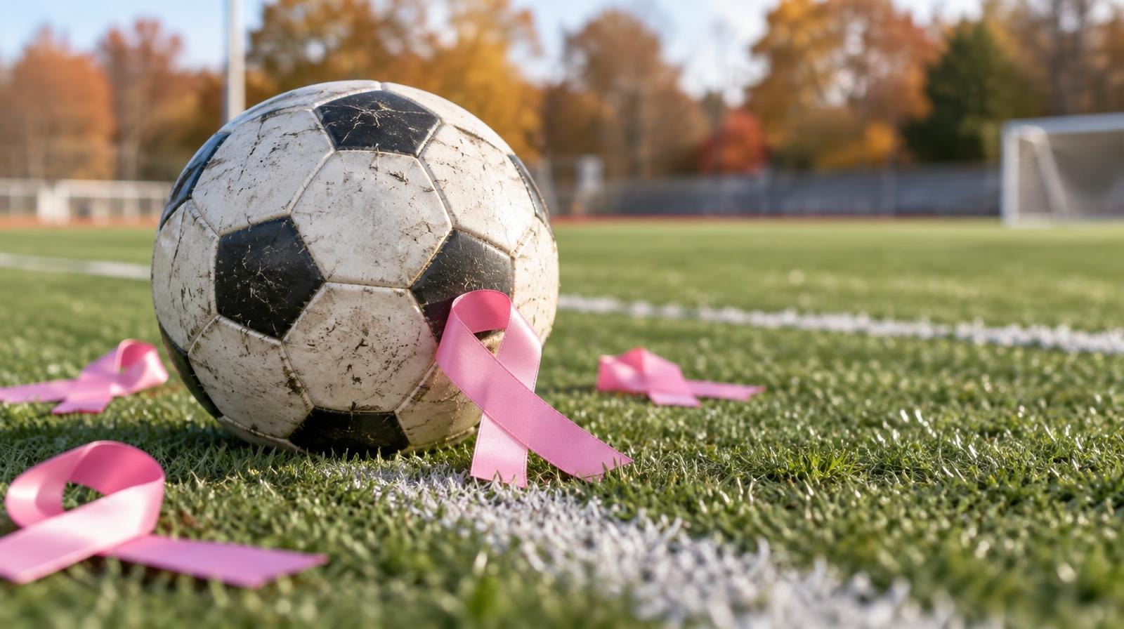 A soccer ball on green artificial turf beside pink awareness ribbons.